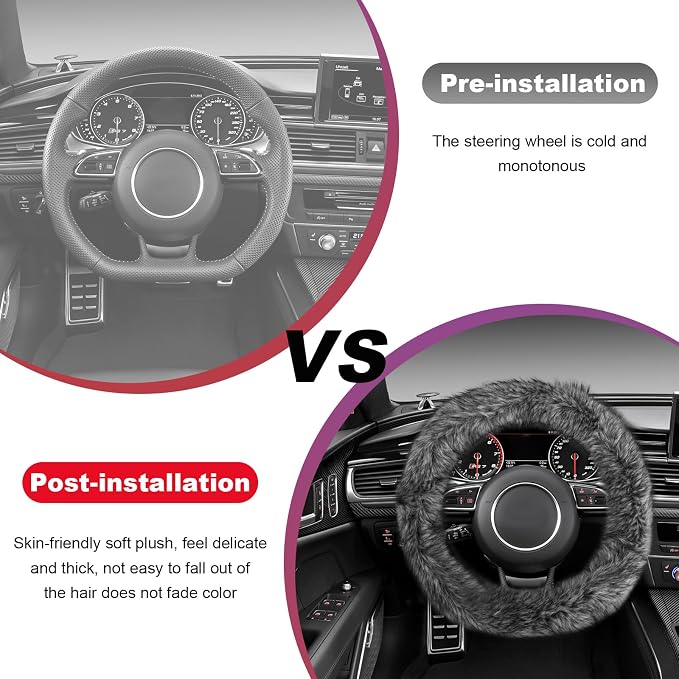Fluffy Steering Wheel Cover, 15 Inch Anti-Slip Microfiber Plush Fuzzy Steering Wheel Cover, Winter Warm Elastic Fuzzy Steering Wheel Covers for Women and Men, Car Accessories (Gray)