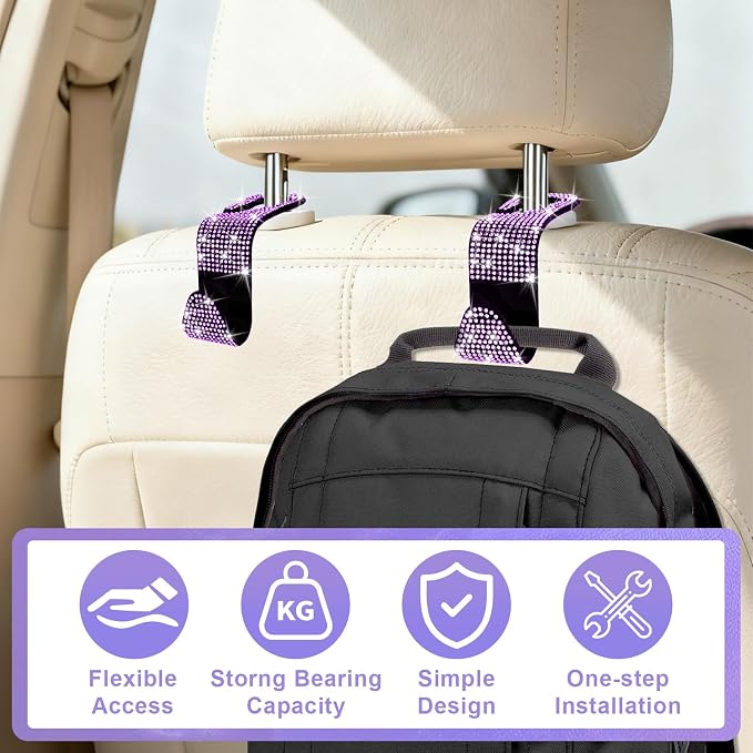 BFXM 6 Pack Bling Car Seat Headrest Hooks, Rhinestone Purse Hook for Car, Universal Storage Organizer for Handbag Grocery Bags Coats, Bling Car Accessories for Women (Bling Purple)