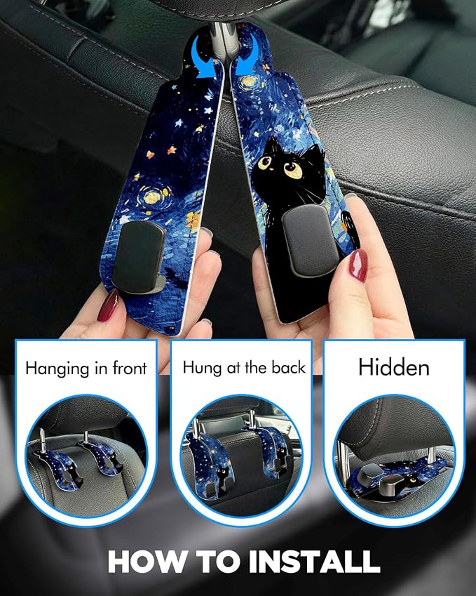 WOCOCN Purse Holder for Car, 2 Pack Heavy Duty Purse Hanger for Car, PU Leather Car Seat Hooks for Purses and Bags, Cute Blue Starry Sky Cat Headrest Organizer for Handbags & Backpacks
