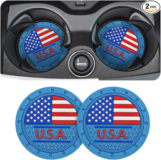 AUCELI 2 Pack Car Cup Holder Coasters, Colored American Flag US Flag Insert Car Cup Coaster, 2.75 Inch Anti Slip Shockproof Embedded Drink Mat, Vehicle Interior Decor Accessories