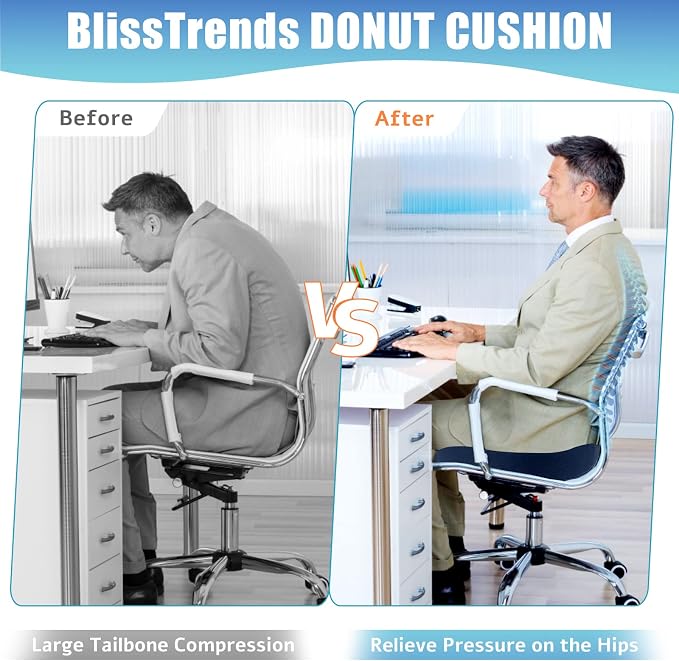 BlissTrends Donut Pillow Seat Cushion, Donut Chair Cushions for Postpartum Pregnancy & Hemorrhoids, Tailbone Pain Relief Cushion, Memory Foam Lifting Cushions for Office & Home Chairs (Blue, X-Large)