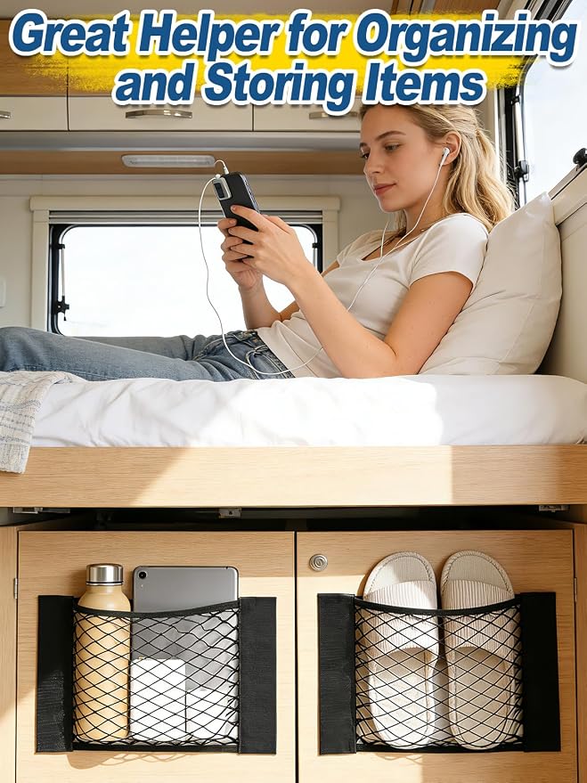 Bigmeta 2PCS RV Cargo Storage Mesh Net, Elastic Stretchable Netting Pocket with 4 Adhesive Strip Wall Sticker for SUV, Truck(15.4 x 9.4 Inch)