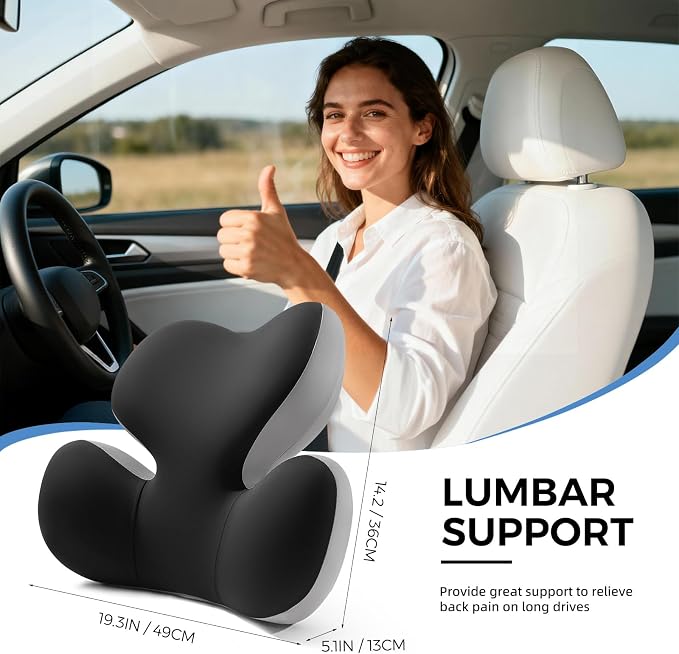 BEBAS Ergonomic Memory Foam Lumbar Support Pillow for Car, BlackGray | Zoned Pressure Relief for Back Support, Lumbar Cushion with Fixed Ring, Breathable Washable Cover, Fits Driving & Office