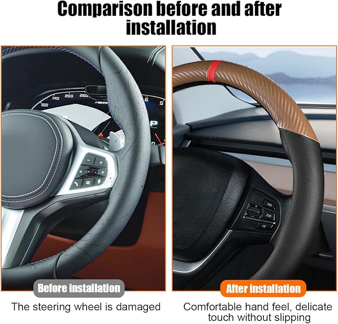 Carbon Fiber Car Steering Wheel Cover, Leather Breathable Automotive Wheel Protector, 15 Inch Anti-Slip Vehicle Interior Steering Accessories, Universal for SUV Truck Sedan (Coffee)