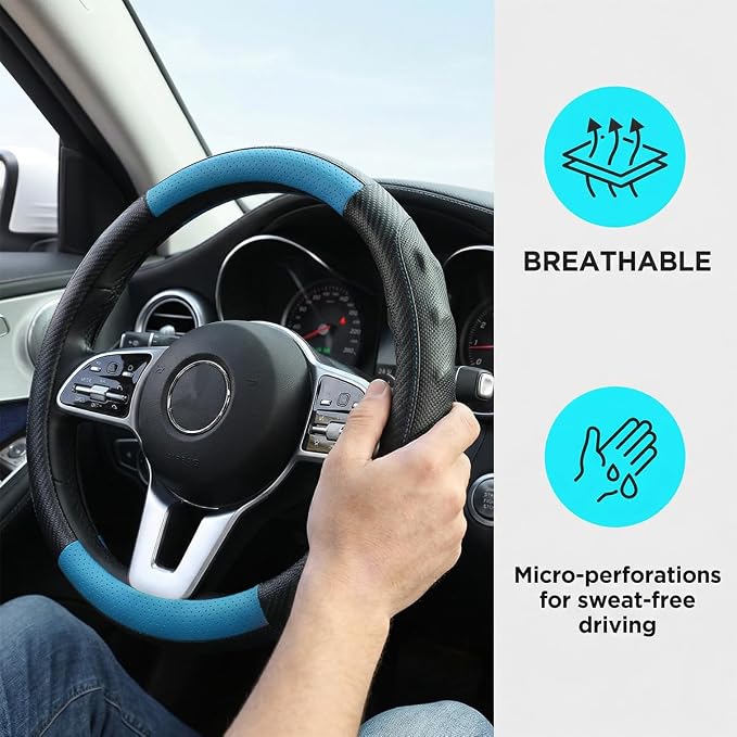 Car Steering Wheel Cover, Breathable Carbon Fiber Vehicle Steering Wheel Protector with Anti-Slip Lining, Automotive Interior Accessories, Universal for SUV RV Truck (Black Blue)
