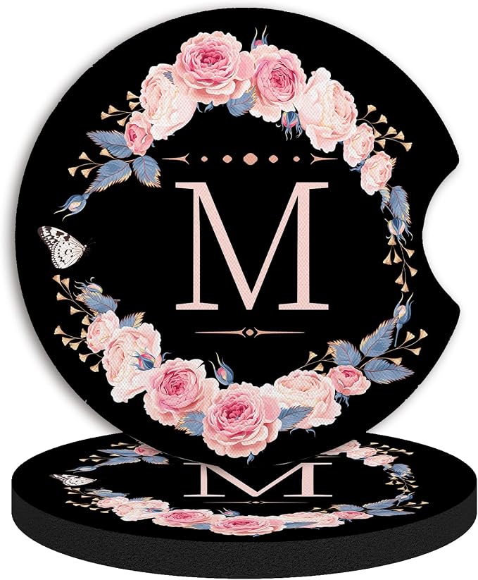 2pcs Letter M Car Coasters,Absorbent Universal neoprener Cup Holder Coasters with a Finger Notch,Car Accessories for Women&Man Interior，2.75"