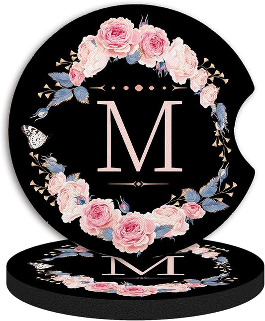 2pcs Letter M Car Coasters,Absorbent Universal neoprener Cup Holder Coasters with a Finger Notch,Car Accessories for Women&Man Interior，2.75"