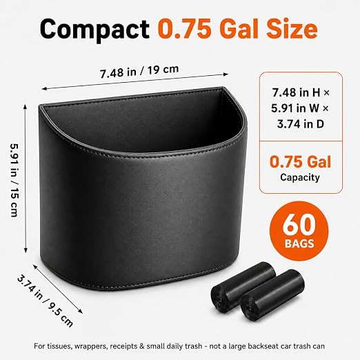 COZILO Leather Car Trash Can – Leakproof & Easy-to-Clean Car Garbage Can for Luxury Cars, SUVs & Trucks | Includes 60 Custom Liners, Secure Hook, Easy Install, Black