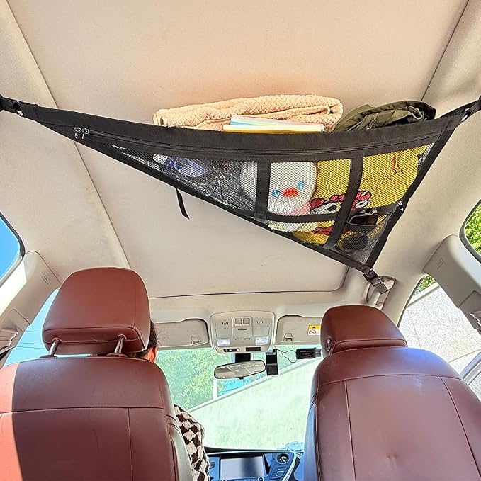 Car Ceiling Cargo Net Pocket, Double-Layer Mesh Strengthen Load Bearing Vehicle Roof Storage Organizer, Auto Interior Cargo Net with Zip Seal, Compatible with Three Handles Vehicle (Black)