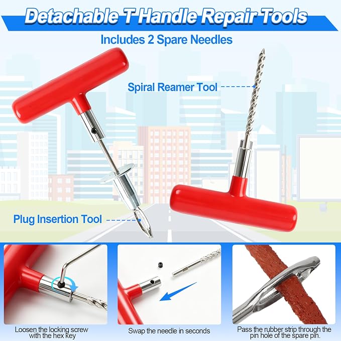 Tire Plug Kit, 130 PCS Tubeless Tire Repair Kit with Heavy-Duty Metal T-Handle Tools, Repair Strips, Screw-in Repair Plugs, Valve Stem Service Accessories & Hard Case for Car SUV Motorcycle ATV