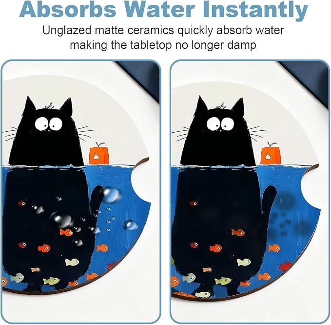 Car Cup Holder Coaster Set of 2, 2.56 in Ceramic Coasters, Scratch-Resistant Cork Backing, Finger Groove Design for Easy Placement, Cute Car Accessories Interior for Women (Kitten Diving)