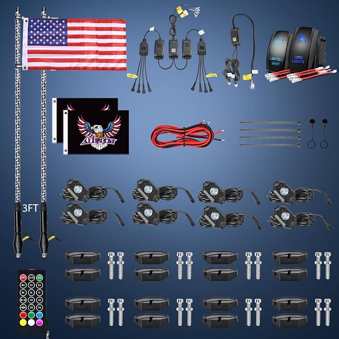 Nilight 2PCS 3FT RGB LED Whip Light with Spring Base and 8 PCS Rock Lights Combo, Remote App Control w/DIY Chasing Patterns Turn Signal Brake Reverse Antenna Lighted Whips for ATV UTV Polaris RZR Jeep