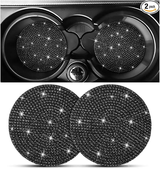 Osilly Bling Car Cup Holder Coaster, 2 Pack Crystal Rhinestone Anti-Slip Insert Coasters, Universal 2.75 Inch Fashion Automotive Cup Mat, Car Interior Accessories Decor Gifts for Women (Black)