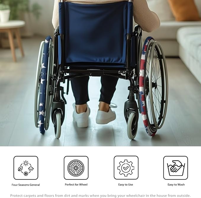 The Stars and Stripes Wheelchair Wheel Covers 2 Pack Wheelchair Tyre Covers Neoprene Wheel Cover for Transport Wheelchair Wheels, 24 Inch