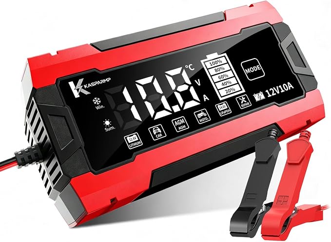 12V 10A Smart Battery Charger for Car and Motorcycle Battery Maintainer & Trickle Charger with Pulse Repair LCD Display Temperature Compensation for AGM Gel SLA Deep Cycle Lead Acid Batteries