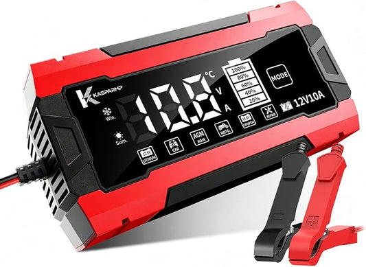 12V 10A Smart Battery Charger for Car and Motorcycle Battery Maintainer & Trickle Charger with Pulse Repair LCD Display Temperature Compensation for AGM Gel SLA Deep Cycle Lead Acid Batteries