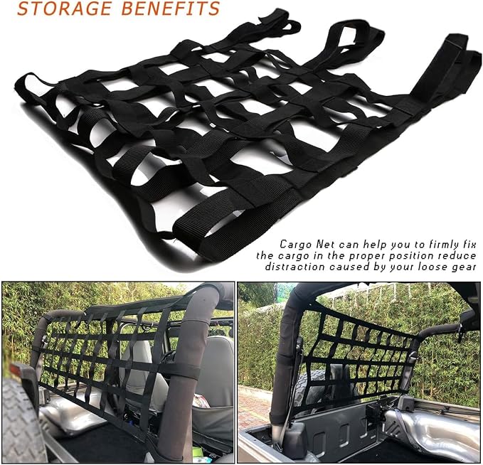 Mesh Cargo Net Roof Top Netting Hammock for Jeep Wrangler YJ TJ JK JKU JL JLU 1987-2024 & Gladiator JT Accessories, Small Cargo Nets Black