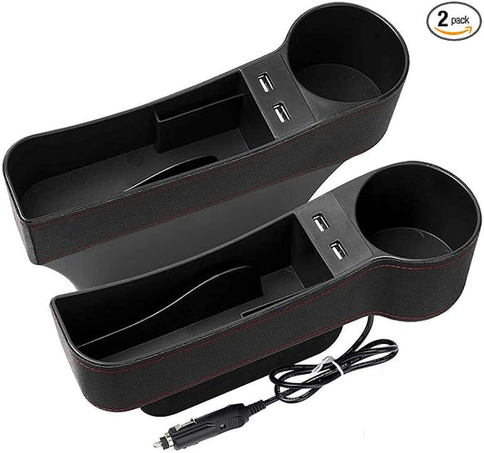 Car Seat Gap Organizer,Premium Console Side Pocket with 2 USB Charging,Leather Storage Box,Multifunctional with Dual USB Charging,Cup Holder,Car Seat Gap Filler,for Cellphones Wallet Coin Key (2 Pack)