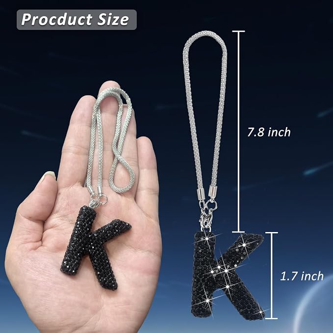Letter K Bling Black Car Accessories Interior for Women, Interior Charm Rear View Mirror Cute Crystal Pendant Car Decorations for Men, Lucky Gifts Diamond Rhinestone