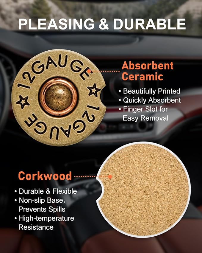 Swooflia Car Coasters for Men - 12 Gauge Bullet Shaped Ceramic Car Cupholder Coaster Cool Absorbent Mat Coaster with Cork Base 2 Pack Automotive Cup Holder Accessories New Driver Gifts
