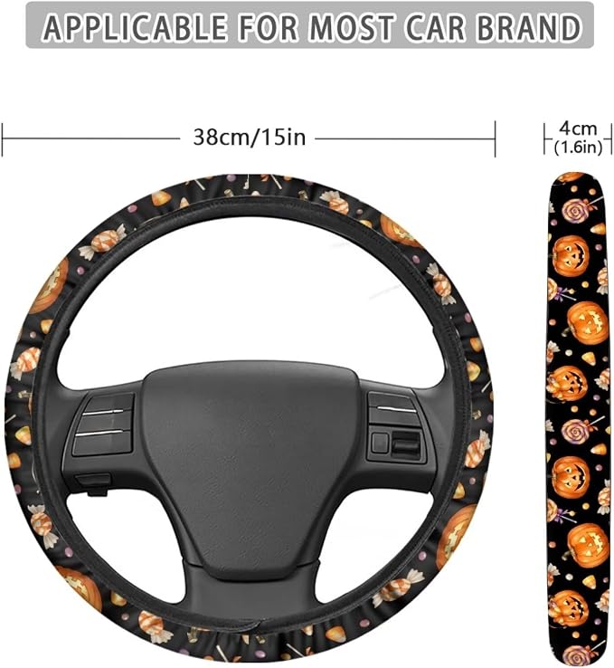 Wanyint Car Steering Wheel Cover Universal 15 Inch Anti-Slip Neoprene Auto Steering Wheel Protector Halloween Car Accessories Decor for Women Men, Pumpkin Candy