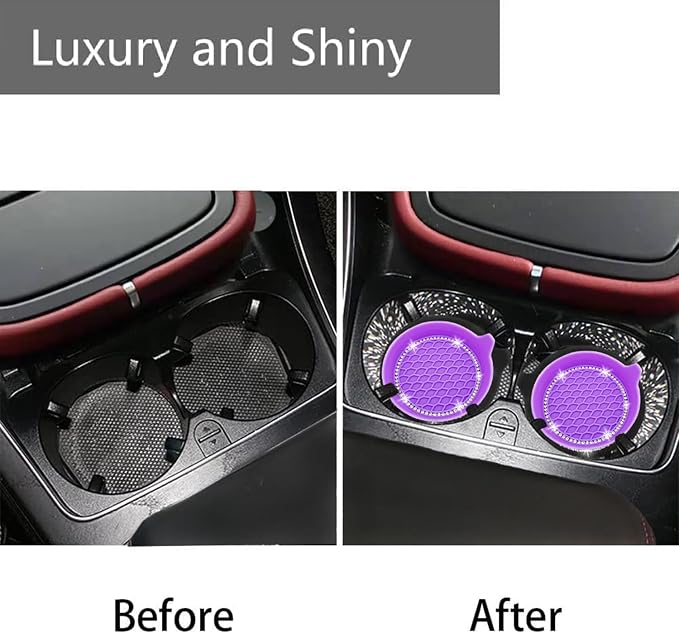 NBTEPEM 4PCS Bling Car Coasters, Non-Slip Insert Water Bottle Holder Pads, Bling Crystal Rhinestone Dustproof Automotive Interior Accessories, Universal for Vehicles, Trucks, RVs (4 pcs, Purple)
