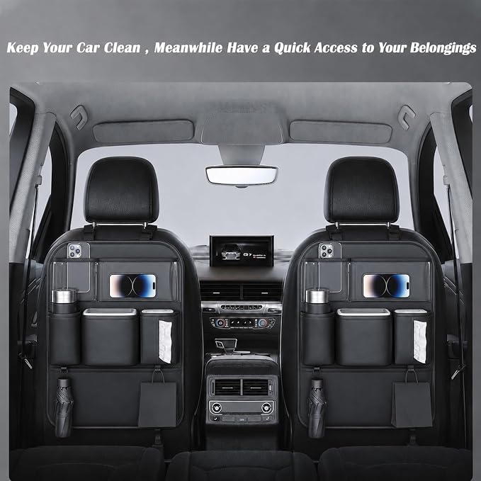 Car Back Seat Organizer, PU Leather Storage Pockets, Black 1 Pack | PU leather seat protector, storage pockets, cup pockets, tissue holder, 1 pack