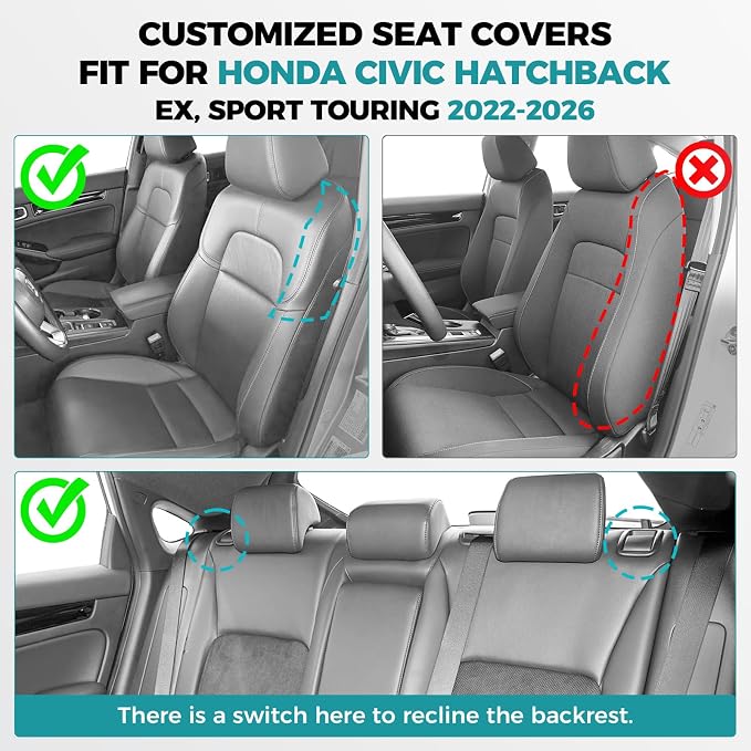 Seat Covers for Honda Civic Hatchback Sport Touring Hybrid 2022-2026 & EX-L 2022-2024, Faux Leather Car Seats Cover Full Set (60/40 Split Seatback-with Rear Armrest) Black
