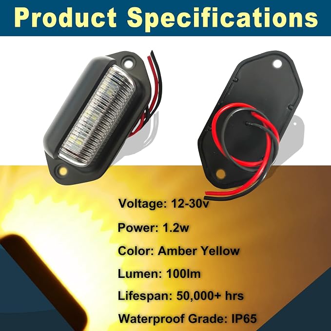 4PCs Amber Yellow LED License Plate Light, 12V-24V DC Waterproof 6-SMD Taillight, For Truck SUV Trailer Van RV Boats Step/Marking/Cargo/Underhood Use