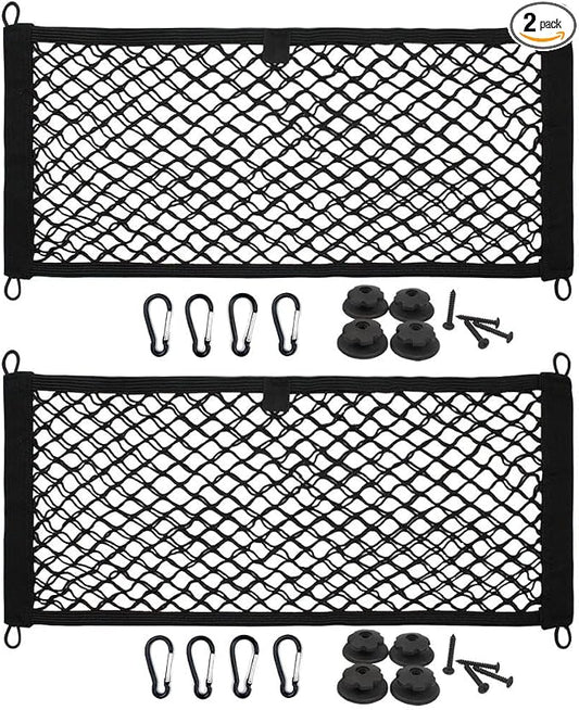 [2 Pack] JAVOedge Large Cargo Net for Car, SUV, Truck, RV, Boat – Elastic Storage Mesh Organizer with Built‑in Hooks, 8 Screws & 8 Carabiners – Heavy‑Duty Trunk Cargo Net & Vehicle Storage Bag
