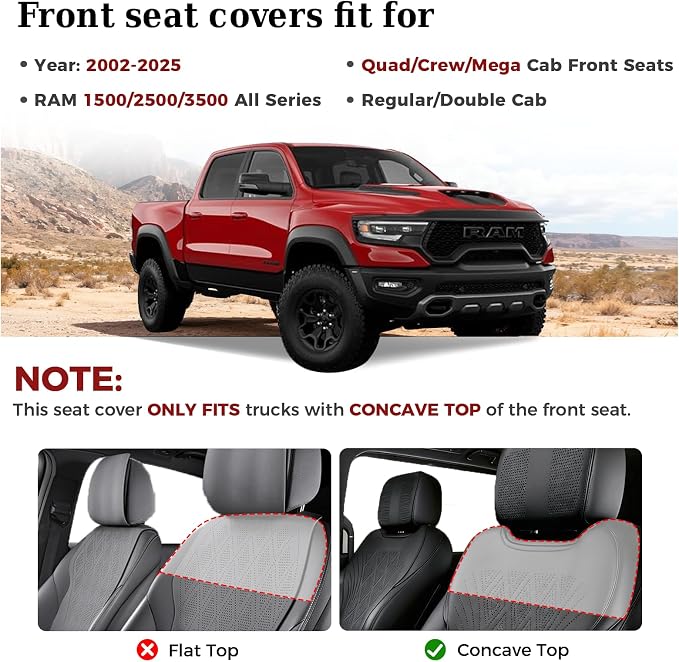 Truckiipa Dodge Ram Seat Covers Front Pair, Car Seat Cover Waterproof Leather Protector Pickup Truck Accessories, Full Coverage Custom Fit for 2002-2026 Ram 1500 2500 3500 Regular/Double Cab, Black