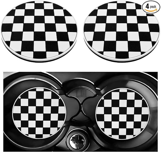DXNQ 2 PCS Car Cup Coasters, 2.76 Inch Anti-Slip Checkered Vehicle Cup Holder Insert Coasters, Auto White & Black Drink Cup Mats for Front Console Cup Holders, Car Accessories (Checkerboard)