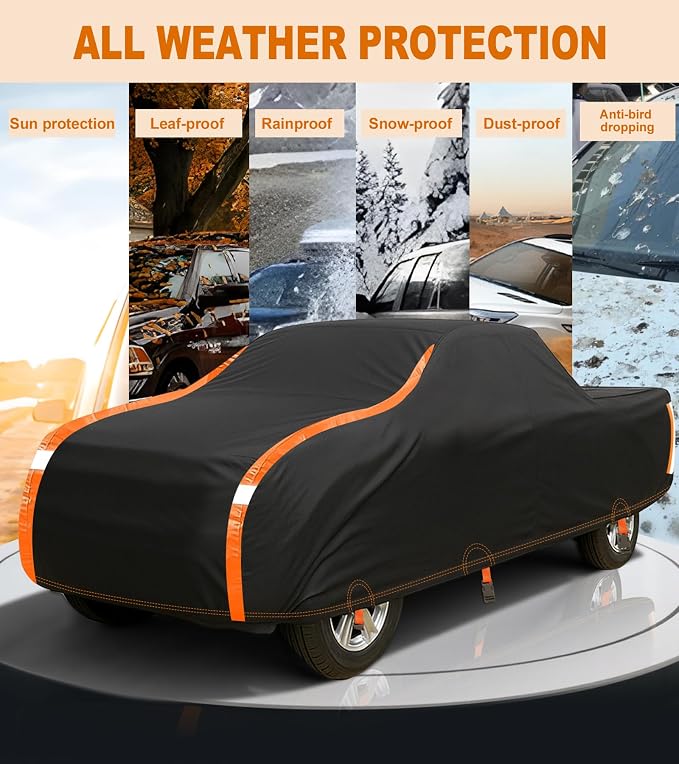 Truck Cover Heavy Duty 100% Waterproof Pickup Truck Cover All Weather Protection Rain UV Full Car Cover Universal Fit for Ford F150 Chevy Silverado Dodge Ram 1500 Fit Length Up to 242"