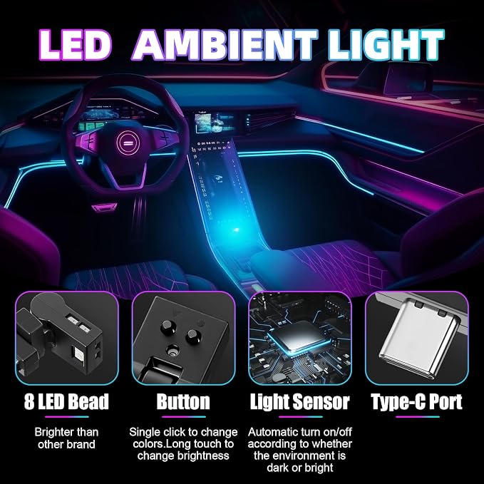 Frienda 2 Pcs Mini USB LED Light Car LED Interior Lighting 5v RGB Foldable Ambient Lighting Adjustable 8 Color and Brightness Smart USB Night Lamp for Cars Laptop Keyboard (Manual Switch Type-c)