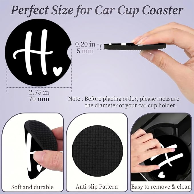 2PCS Letter E Car Cup Holder Coasters,Simple Initial Car Coasters Cars Accessories Interior Decor Universal Neoprene 2.75" Anti-Slip Rubber Mat with Finger Slot,Monogram Gifts for Women, Men, Driver