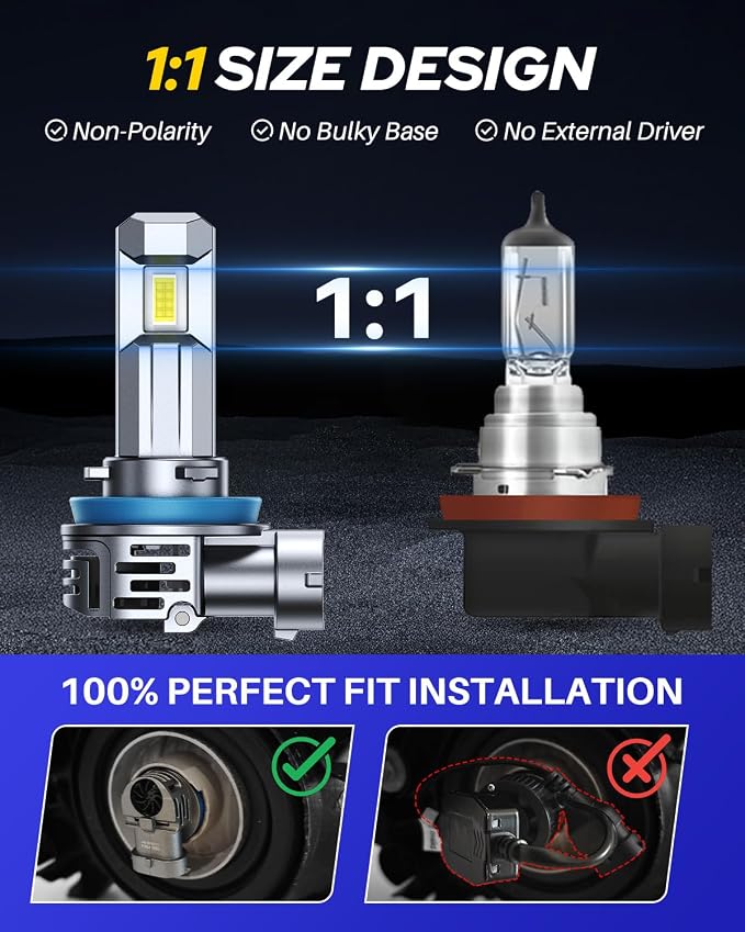 AUTOONE H11/9005/H9/HB3 Bulbs Combo, 120,000LM Super Bright H11 9005 Fog Light Bulbs, 1:1 Size, Flicker-free, White, Pack of 4