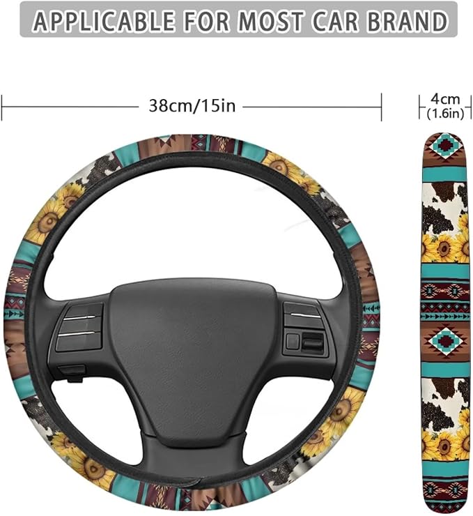 Wanyint Aztec Sunflower Cow Print Blue 15 Inches Car Steering Wheel Covers Universal Auto Accessories Car Interior Decoration for Women Men