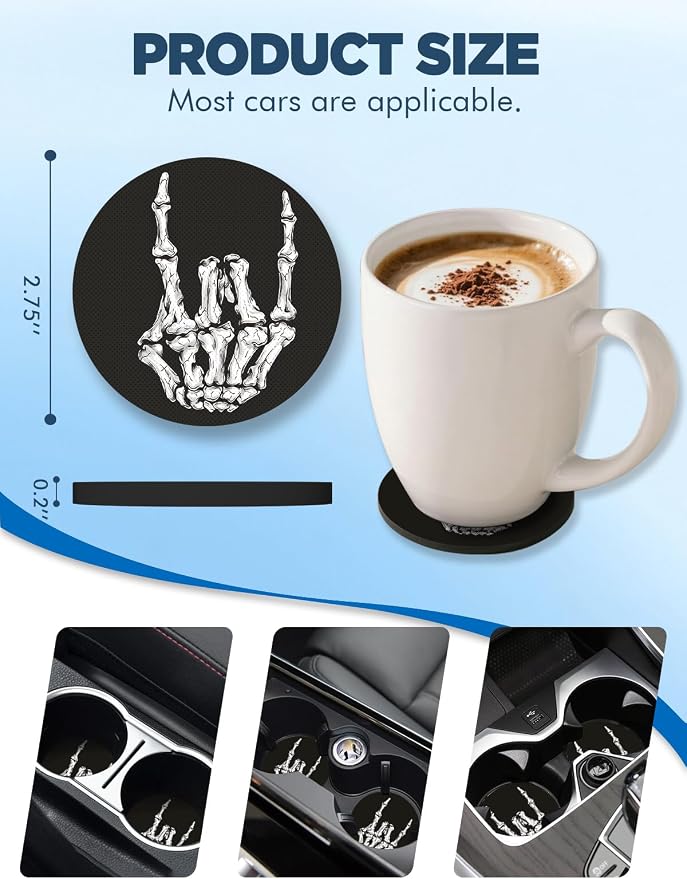 WOCOCN Car Coasters for Cup Holders - 2 Pack 2.75" Universal Rubber Car Cup Coaster, Non-Slip Waterproof Car Interior Accessories, Cute Car Decor Gifts for Women and Men (Skeleton Hand)