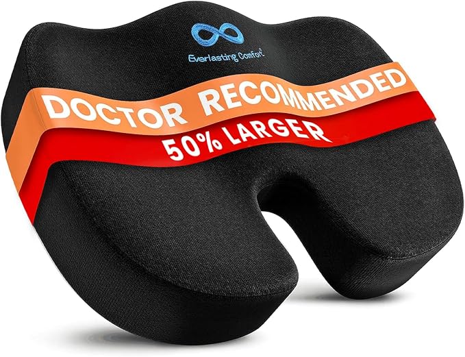 Everlasting Comfort Doctor Recommended Memory Foam Seat Cushion for Office Chairs & Car - Ergonomic Office Desk Accessories - Cushions for Tailbone Pain Relief, Sciatica (Black, X-Large)