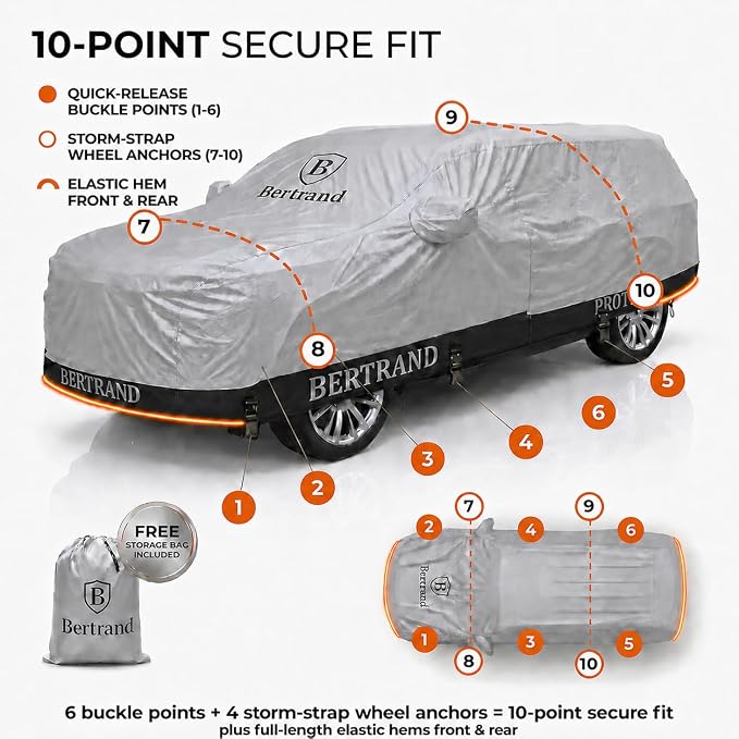 BERTRAND Heavy Duty SUV Car Cover Waterproof All Weather - Snow, Rain & UV Outdoor Protection | Cotton-Lined, Up to 10-Point Anchoring + Zipper Access | Extra Large SUVs, Silver-Black (207x77, S3)