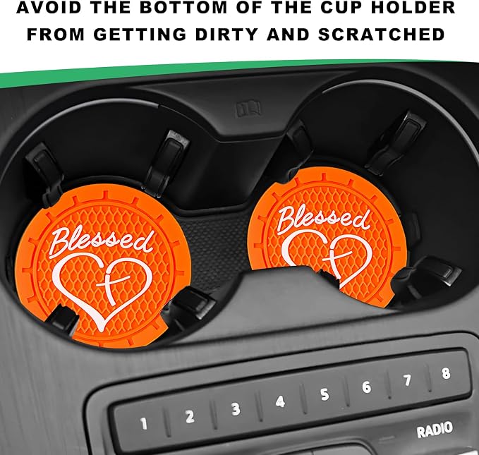 2 PCS Car Cup Holder Coaster, 2.76 Inch Non-Slip Auto Drink Mats with Blessed Cross and Heart, Shockproof Christian Cup Insert Coaster for Most Vehicles, Car Accessories (Orange)