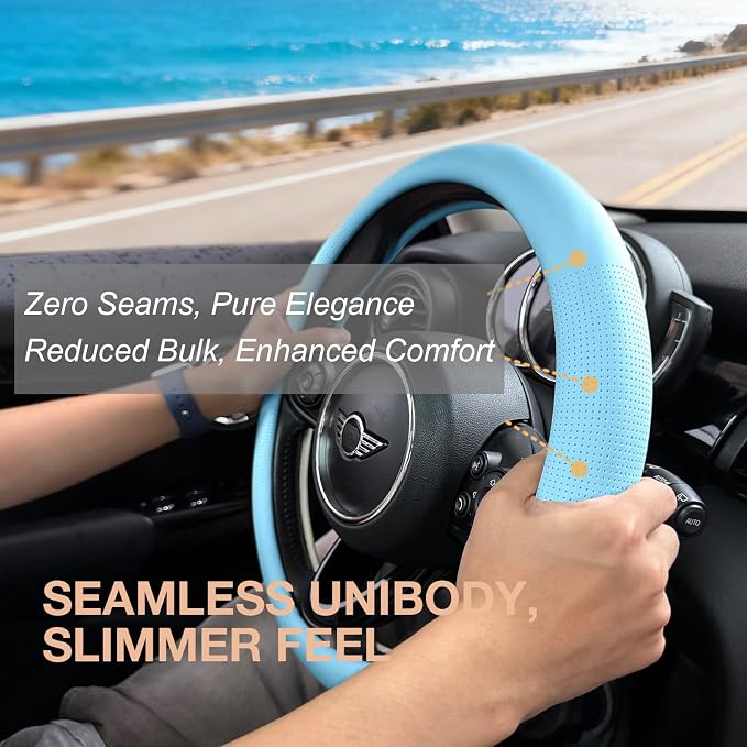 PINCTROT Nappa Leather Steering Wheel Cover, Slim Fit No Bulk Design, One Piece Leather with Breathable Perforation, Fit Like Gloves, Universal 14.5-15 Inch(Nappa Aqua)