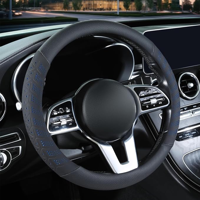 3D Slim Soft 15 inch Leather Steering Wheel Cover Black with Blue | Breathable Anti-Slip Premium Skin-Feel Perforated Thin Nappa Leather, Universal 14.5 inch to 15 inch