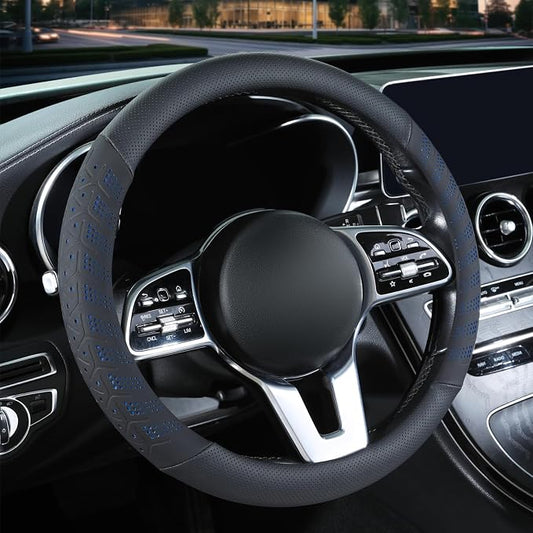 3D Slim Soft 15 inch Leather Steering Wheel Cover Black with Blue | Breathable Anti-Slip Premium Skin-Feel Perforated Thin Nappa Leather, Universal 14.5 inch to 15 inch