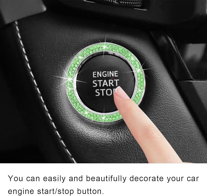 Car Bling Crystal Rhinestone Engine Start Ring Decals, Sparkling Diamond Car Push Start Button Ignition Ring Sticker, Auto Key Ignition Knob Ring Decoration for Women Girls (Light Green)