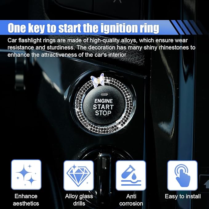 Bling Butterfly Car Engine Push Start Button Ring Sticker (Black) | Crystal Rhinestone Auto Key Ignition Knob Ring Emblem, Sparkling Auto Interior Decoration Accessories for Women