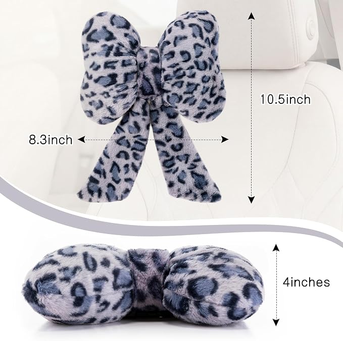 Macarrie 2 Pcs Car Neck Pillow Plush Butterfly Bow Car Headrest Pillow Comfortable Seat Neck Support Cute Head Rest Accessories for Driving Travel Driver Chair Girl Interior Decor(Blue,Leopard)