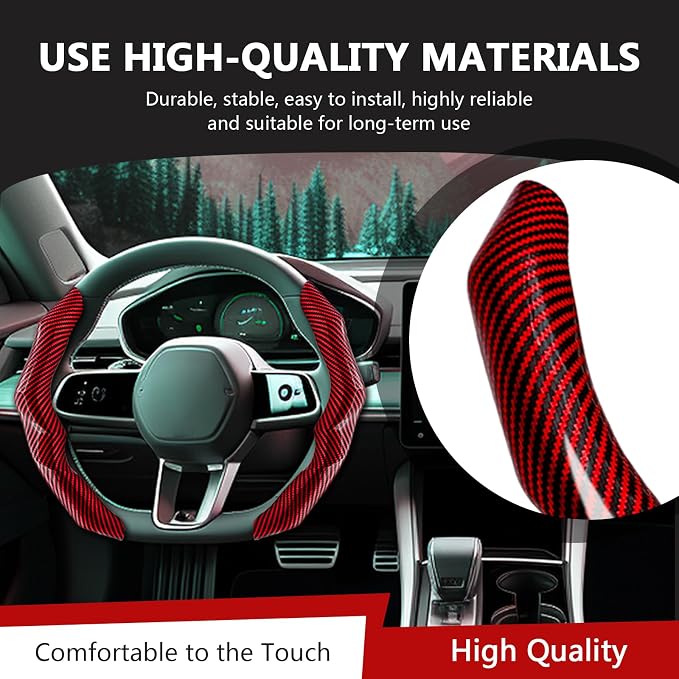 2Pcs Carbon Fiber Steering Wheel Cover, Cool Irregular Shape Grip & Anti-Slip Lining Segmented Design Steering Wheel Protector for Car Interior Accessory, Stylish & Sporty (Red)