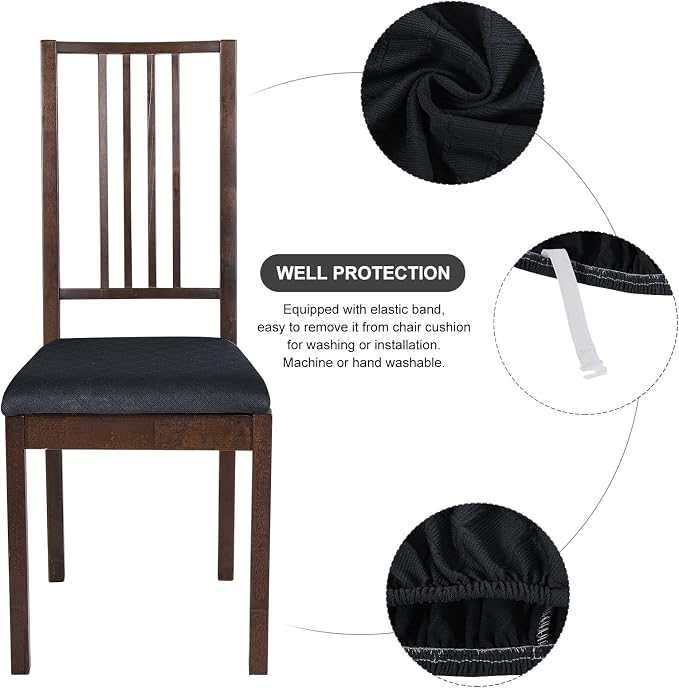 SearchI Seat Covers for Dining Room Chairs Stretch Jacquard Chair Seat Covers Set of 4, Removable Washable Upholstered Chair Seat Protector Cushion Slipcovers for Kitchen, Office(Black Rhombus)