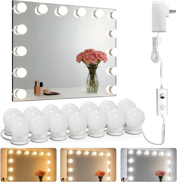Waneway 14 Bulbs Vanity Lights for Mirror, Plug in Power Adapter & Touch Control Dimmer, 3 Color Modes, 1260 Lumens, Stick on LED Makeup Lights Kit (Mirror Not Included)